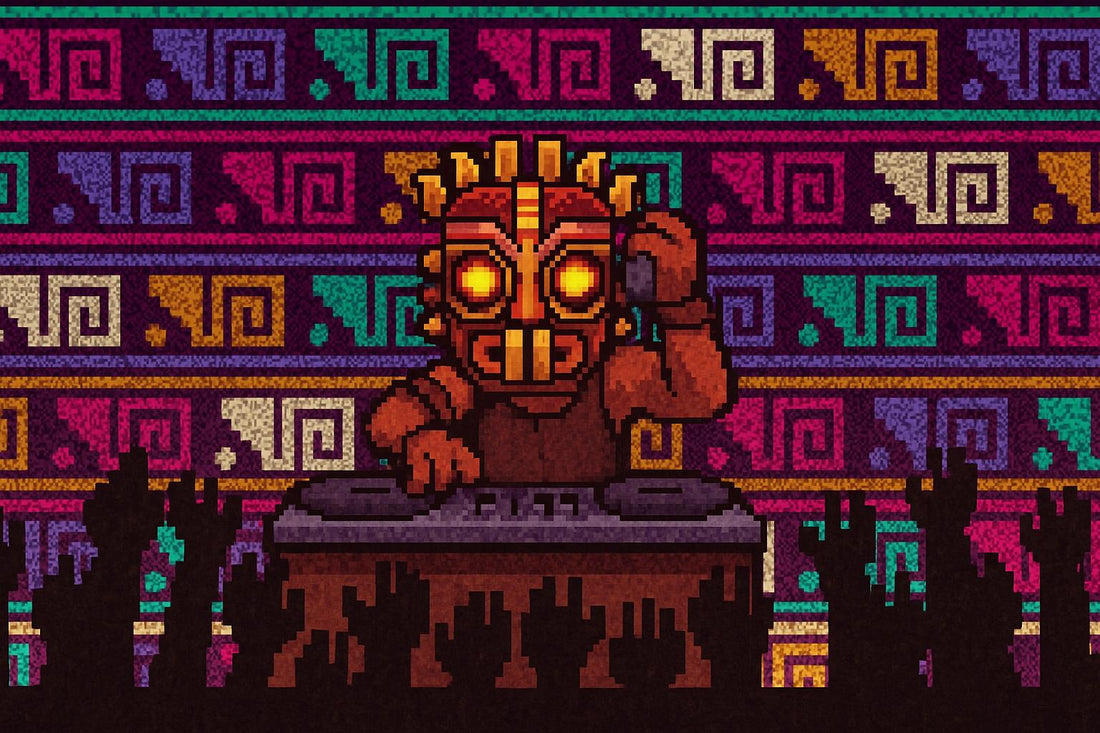 VJ Loops Inspired by Ancient Cultures and Tribal Art featuring a vibrant DJ with tribal motifs in the background.