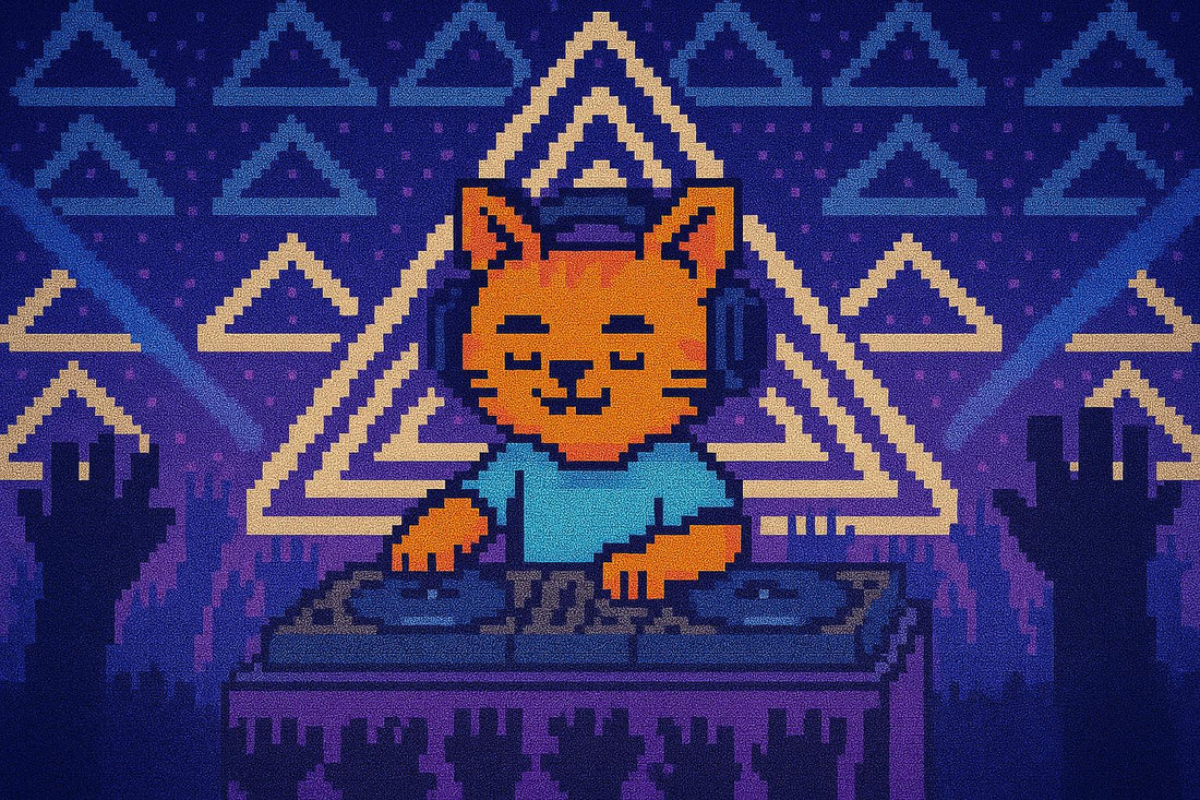 Geometry in Motion: Spirals, Symbols and Lines VJ Loops featuring a pixel art cat DJing with geometric patterns in the background.