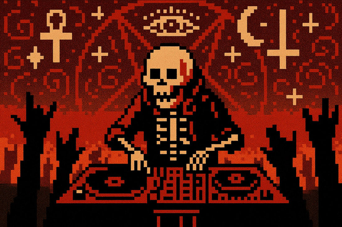 Skeleton DJ mixing and some hands up from the crowd with occult symbols as background visuals