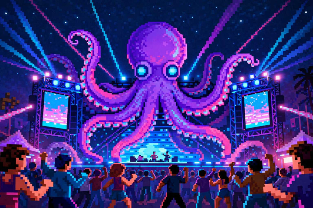 Pixel art style, lively music festival at night, central focus is a massive stage shaped like a glowing octopus