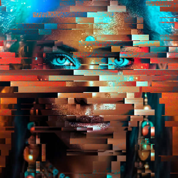 Frame from a visual loop in the Beauty Glitches VJ Loops Pack, showcasing artistic glitch effects and vibrant colors